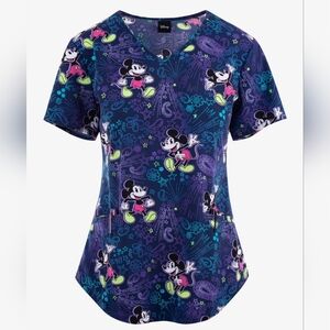 Disney Mickey Mouse Women's 2 Pocket Stretch V Neck Print Scrub Top Size XL